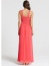 Coral Chiffon Beads Halter Neckline Long Prom Dress